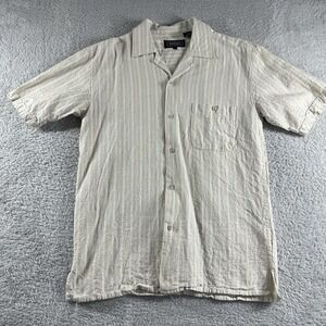 Vitali‎ Shirt Mens Medium Beige Ivory Stripe Short Sleeve Button Up 100% Linen